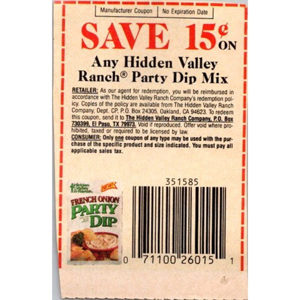 Save 15¢ Any Hidden Valley Ranch Party Dip Mix El Paso TX 1980s Coupon SAI1-M7